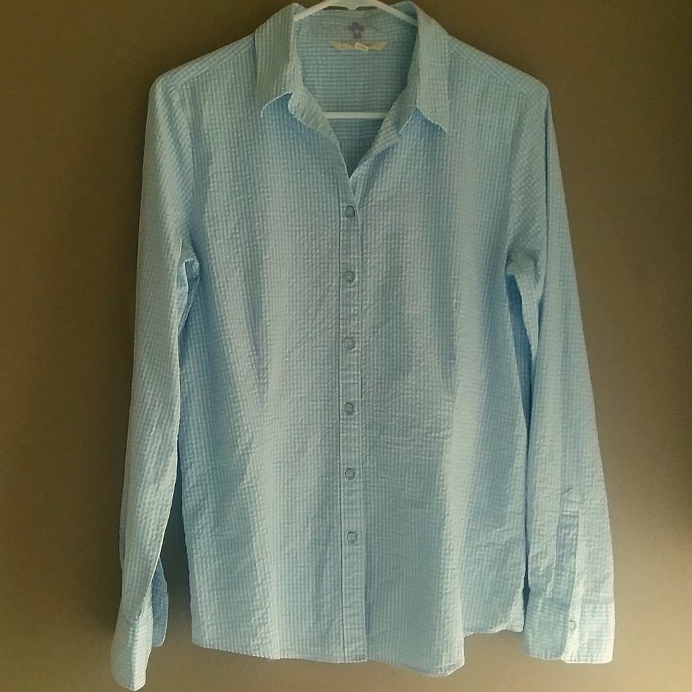 Brooks Brothers Light Blue and White Checkered Seersucker Blouse - Size 10